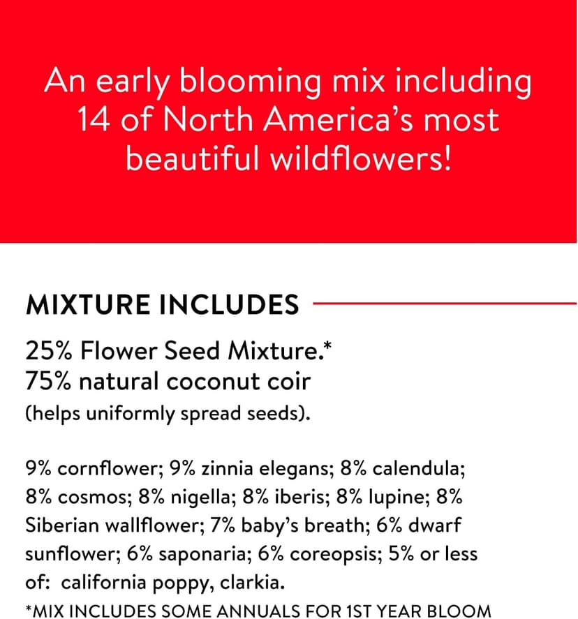 Burpee Fast Blooming 25,000 Non-GMO Planting, 1 Bag Easy Grow Wildflower Seed Mix Contains 14 Flower Varieties for Home Garden