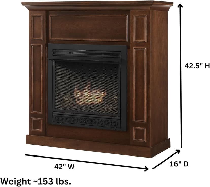 Comfort Glow Dual Fuel Ventless Gas Fireplace with Mantle The Avalon, Adjustable Thermostat, Natural Gas or Liquid Propane, 26,000 BTU, Heats 950 sq ft - Walnut Finish Gas Fireplace