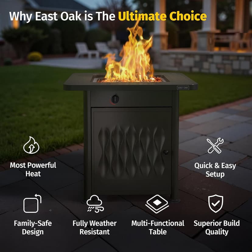 EAST OAK 28" Outdoor Propane Fire Pit Table | 52,000 BTU Gas Fire Pit Table for Outside with Magnetic Lid | Storage Basket & Lava Rocks | CSA Certified for Patio, Garden & Backyard | Black