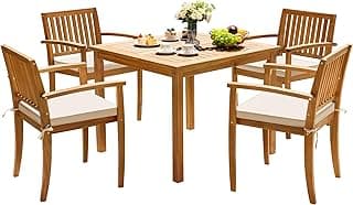 Greesum 5 Piece Patio Dining Set Outdoor Solid Wood Furniture for Yard, Garden, Porch w/Square Tabletop & 4 Chairs, White