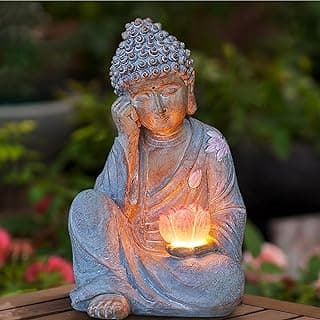 Solar Buddha Statue Outdoor with Lotus Flower Light, IP65 Waterproof Buddha Statue, Outdoor Buddha Statues for Garden, Zen Garden Decor for Patio, Lawn