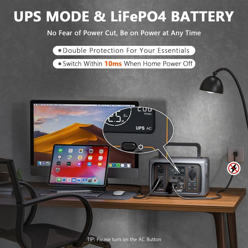 ALLWEI Portable Power Station 500W, 512Wh LiFePO4 Battery, UPS Function, 2.5Hrs Fast Charge, 3 AC Outlets(Surge 1000W), Solar Generator for Outdoor Camping RV CPAP Home Emergency