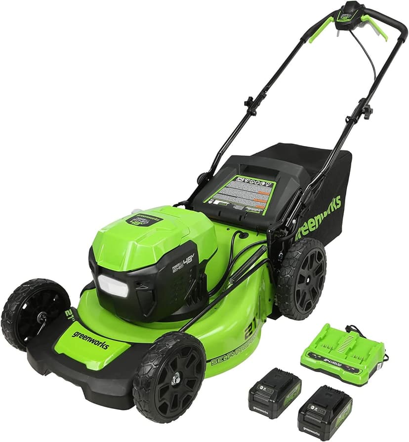 Greenworks 48V (2 x 24V) 21" Brushless Cordless (Self-Propelled) Lawn Mower (LED Headlight), (2) 5.0Ah Batteries and Dual Port Rapid Charger Included (125+ Compatible Tools)