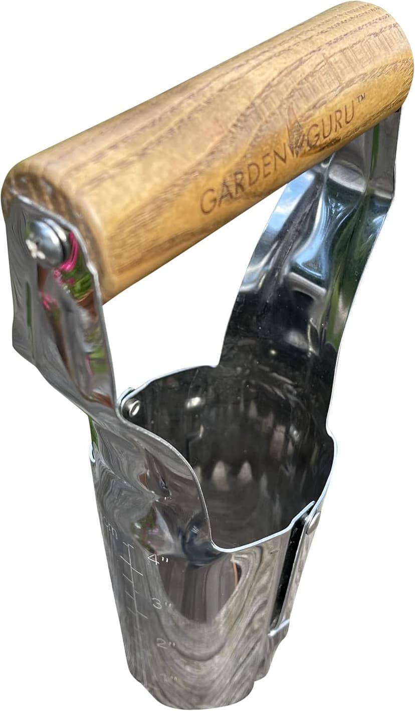 Garden Guru Eco Bulb Planter - 100% Recycled Stainless Steel - Rust Resistant - FSC Certified Wood Ergonomic Handle - Depth Marker for Consistent Planting Flowers Tulips, Daffodils, Dahlias