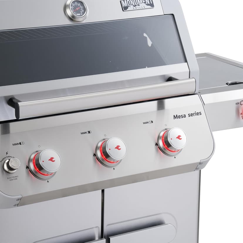 Monument Grills Outdoor Barbecue Stainless Steel 3 Burner Propane Gas Grill, 48,000 BTU Patio Garden Grill with Side Burner and Knob Controls, Mesa305 with Smoker Box