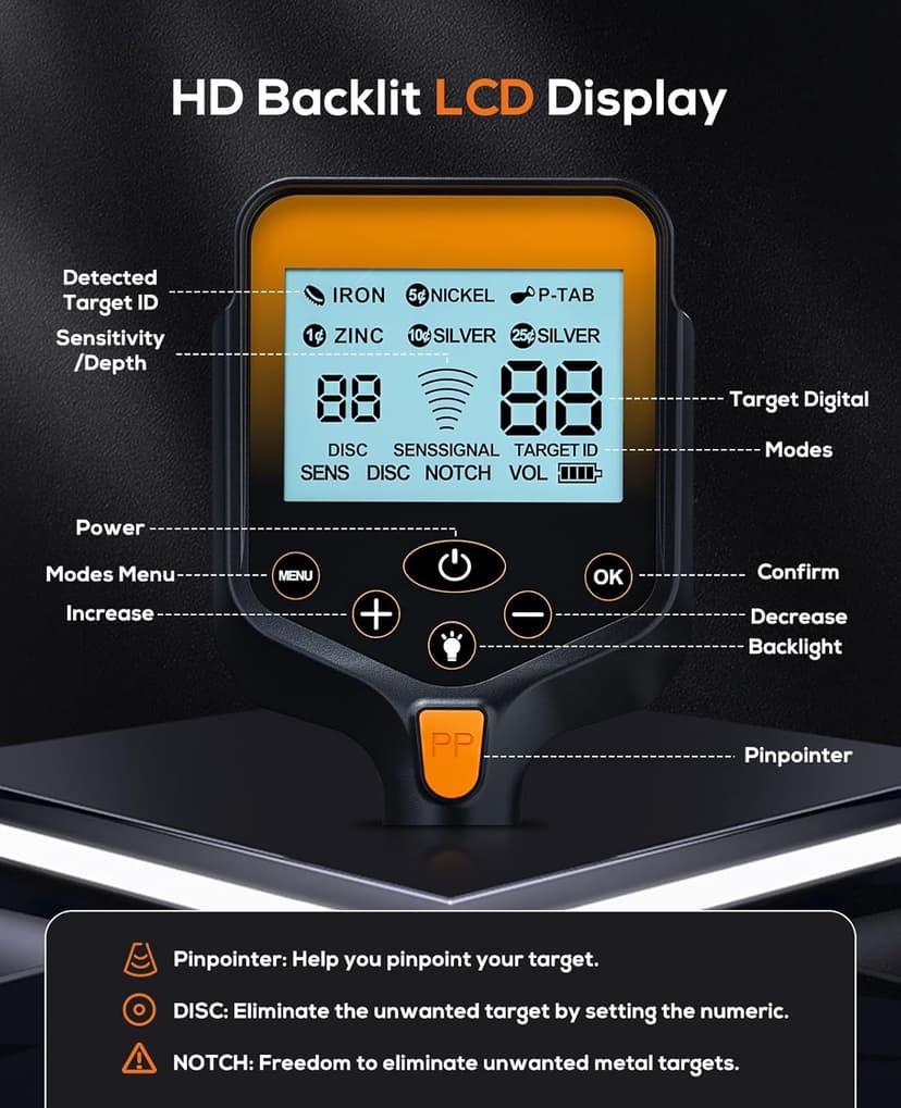Metal Detector for Adults Waterproof - 2000mAh Chargeable Professional Cordless Gold Detector with LCD Display, Retractable Foldable Higher Accuracy Metal Detector with 10" IP68 Coil - Orange