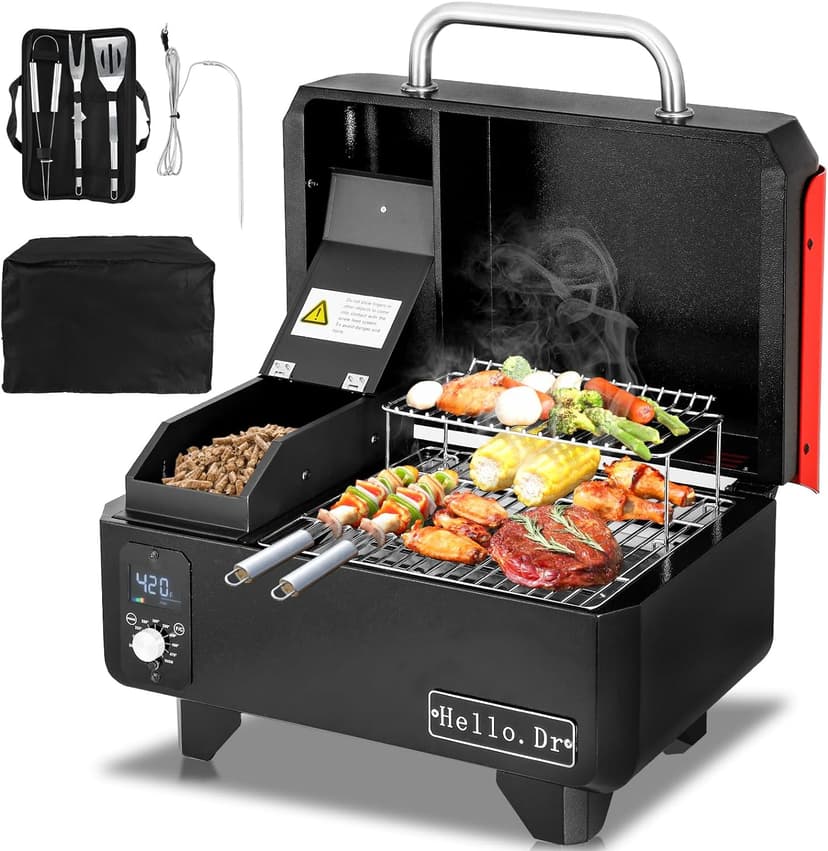Portable Wood Pellet Grill and Smoker,Electric Outdoor 8 in 1 Tabletop Grills for RV Camping Tailgating RV Cooking BBQ, Intelligent Temperature Control and Superheated Steam Technology,Red