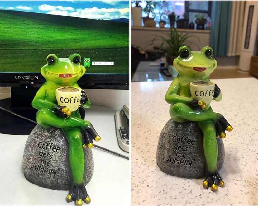 OwMell Frog Statue for Garden, Green Frog Figurine for Outdoor Decor Yard and Garden Decoration Resin Sculpture 6 Inches - Drinking Coffee