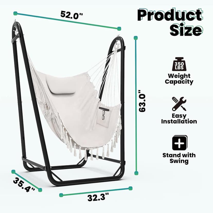 Hammock Chair with Stand,Heavy-Duty Hanging Chair with Stand, for Indoor Outdoor,Sturdy Swing Chair Stand Max Load 350 pounds(Hammock Chair Included)