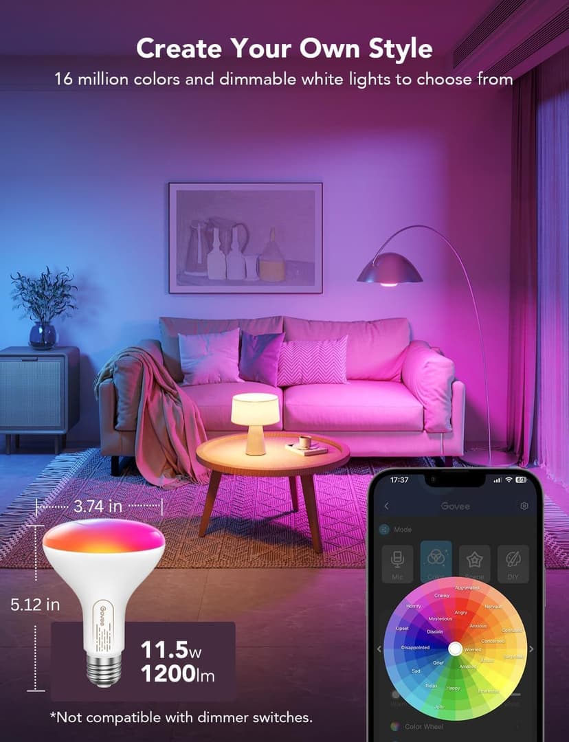 Govee Smart Light Bulbs, 1200 Lumens Dimmable BR30 Bulbs, RGBWW Color Changing Light Bulb, Flood Light Bulbs Work with Alexa, Google Assistant, WiFi & Bluetooth LED Bulbs, Music Sync, 2 Pack
