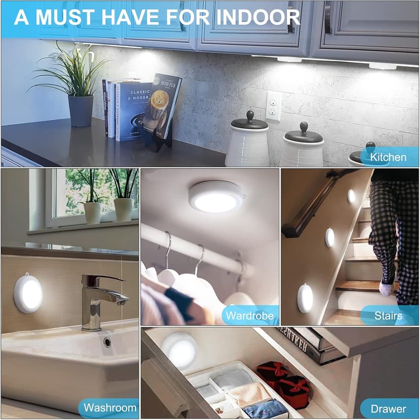 Mlambert 4 Pack Motion Sensor LED Night Light, Cordless Battery-Powered Stick-on Magnet Closet Lights, Safe Lights for Stairs, Cabinet, Cool White