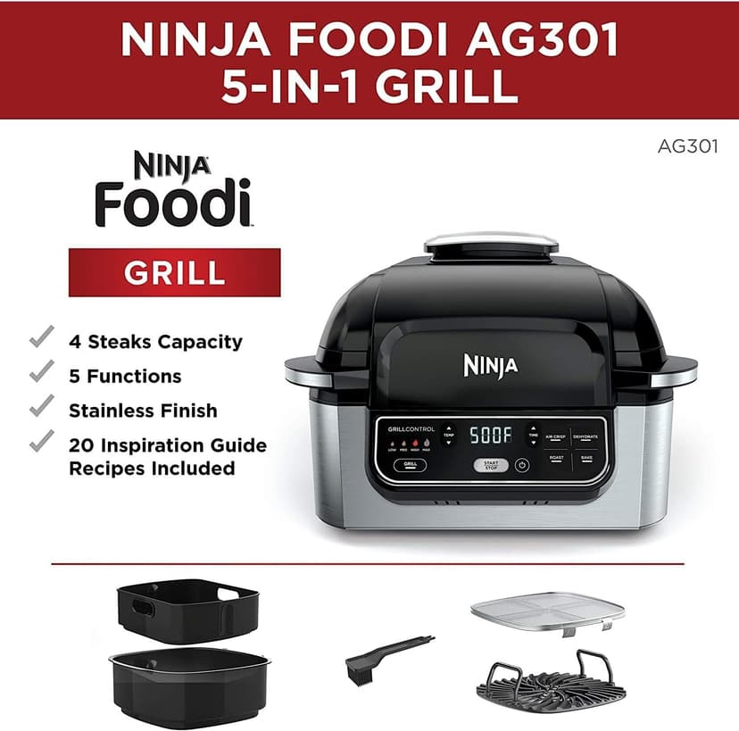 Ninja AG301 Foodi 5-in-1 Indoor Electric Grill with Air Fry, Roast, Bake & Dehydrate - Programmable, Black/Silver