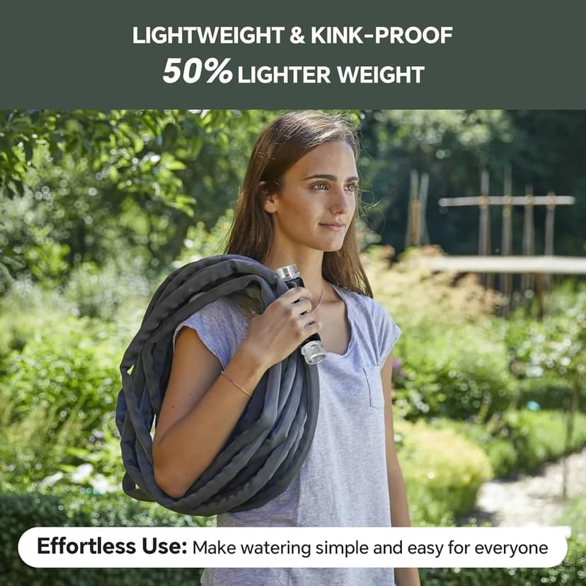 50ft Non-Expanding Garden Hose – Ultra-Light, Kink-Free, High-Pressure, Abrasion-Resistant, Durable, All-Weather, Eco-Friendly, Black&Gray