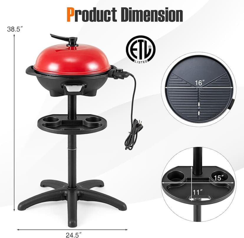 Giantex Electric Grill Indoor Outdoor, Non-stick Grill Griddle Plate, 3 Cooking Zones, Temperature Control, Drip Tray, 1350W 200sq.in BBQ Grill for Balcony Apartments Backyard Party Camping (Red)