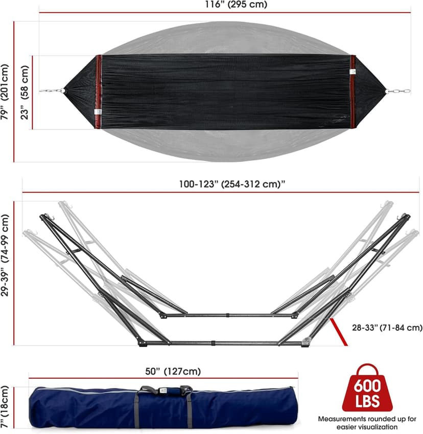 Tranquillo 600 lbs Capacity Adjustable Hammock Stand, Collapsible Camping Hammock and Stand, Steel Double Hammock Stand for 2 Persons, Portable Everywhere Easy Assembly Non-Slip and Noise-Free, Black