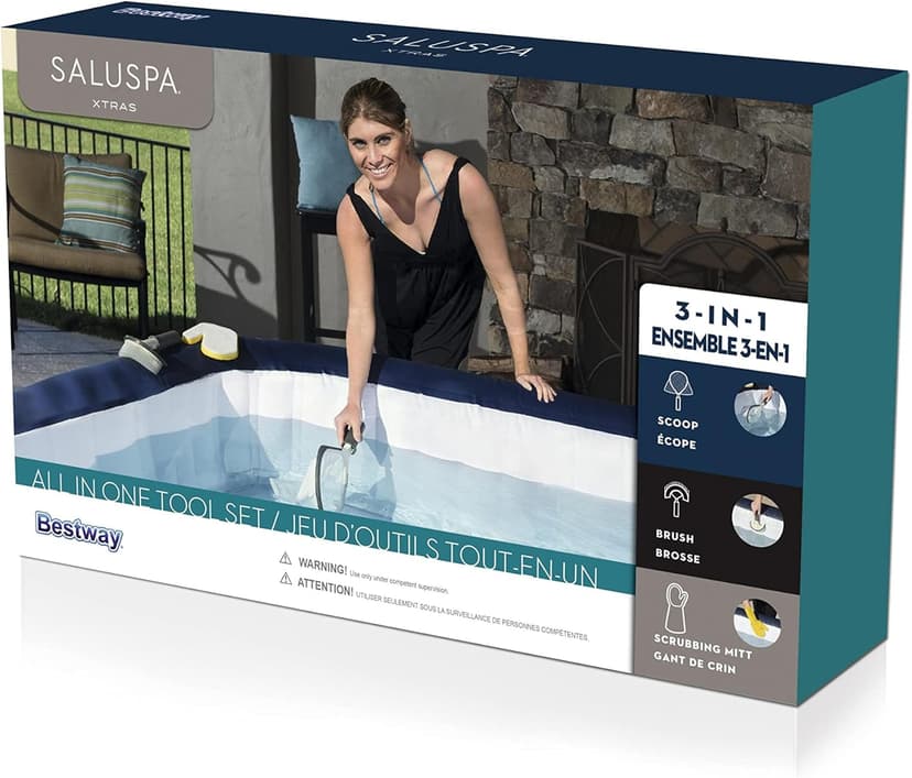 Bestway SaluSpa All-in-One 3 Piece Maintenance Cleaning Tool Accessory Set with Scrub Brush, Mitt, and Skimmer Net for Hot Tub and Spa