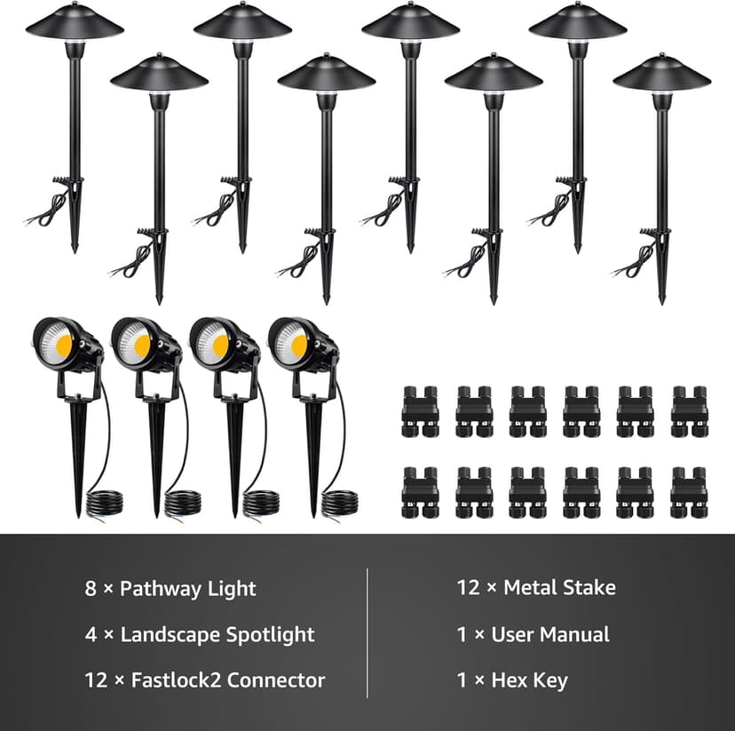 SUNVIE LED Landscape Lights 12V Aluminum Low Voltage Pathway Lights with Stake, Waterproof for Walkway Yard Garden, 12 Pack with Connectors
