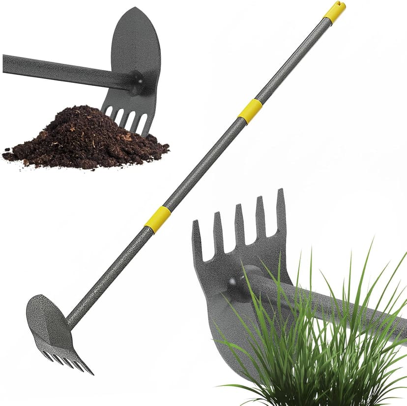 Garden Hoe, 17 to 45 Inch Hoe Garden Tools with Adjustable Handle Length, 2 in 1 Weeding Tool with 5 Tooth Rake, Hoe Garden Tool for Loosening Soil, Planting, Weeding