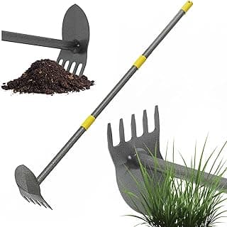 Garden Hoe, 17 to 45 Inch Hoe Garden Tools with Adjustable Handle Length, 2 in 1 Weeding Tool with 5 Tooth Rake, Hoe Garden Tool for Loosening Soil, Planting, Weeding