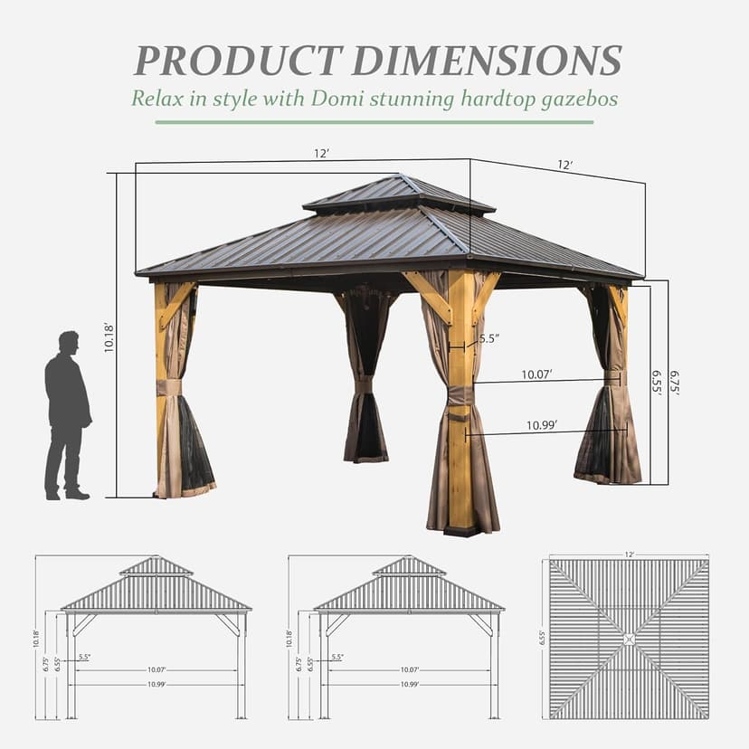 Domi 12' X 12' Wood Gazebo, Cedar Frame Hardtop Gazebo with Galvanized Steel Double Roof, Netting & Curtains, Patio Pergola Pavilion for Patio, Backyard, Deck, Lawns