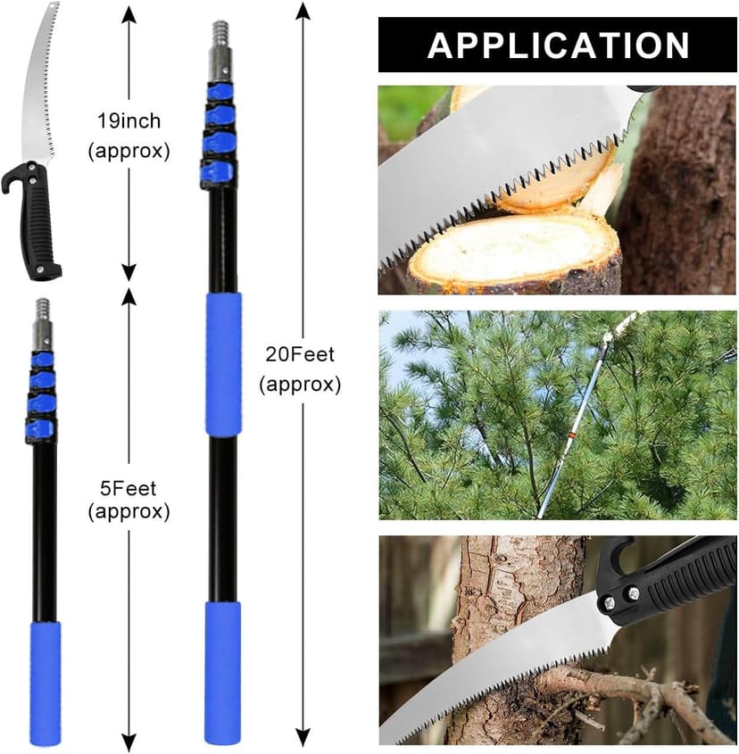 Buyplus 26FT Reach Pole Saws for Tree Trimming, Pole Saw with 5-20FT Telescoping Extension Pole, Pruning Saw with 19" 3X Detachable Saw, Non-Slip Handle, Tree Trimmer for Garden Palms Shrubs(Blue)