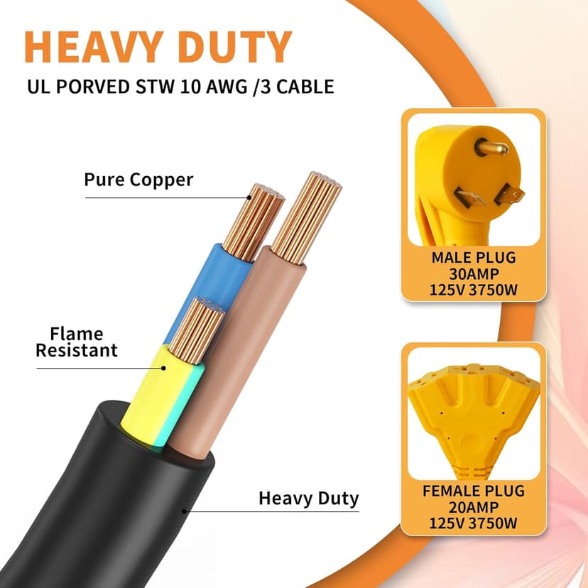 30 Amp to 20 Amp 110V RV/Generator Distribution Adapter Cord,NEMA TT-30P Male to 3X 5-15R/5-20R T-Blade RV Electrical Adapter,30 Amp to 15/20 Amp 3-Prong Multiple Household Outlet,1.5FT,ETL Listed