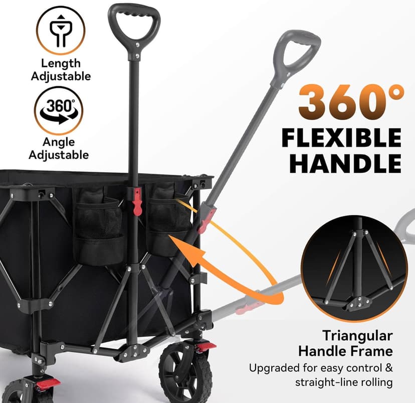 Hikenture Folding Wagon Cart, Portable Large Capacity Beach Wagon, Heavy Duty Utility Collapsible Wagon with All-Terrain Wheels, Outdoor Garden Cart Foldable Wagon for Sports, Shopping, Camping(Black)