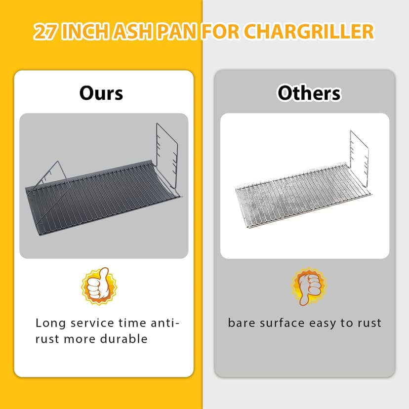 27 inch Charcoal Ash Pan Replacement for Char-Griller 1224 1324 2121 2222 2727 2828 2929, for Charbroil 17302056 Grill Grates Replacement with 2pcs Grate Hanger