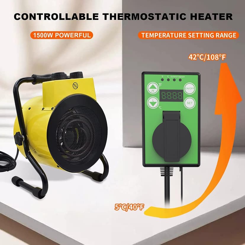 Greenhouse Heater with Adjustable Thermostatic - Outdoor Space Heating Fan for Flower Houses, Grow Tent, Overheating Protection, Fast Heating, Patio & Garage, Yellow