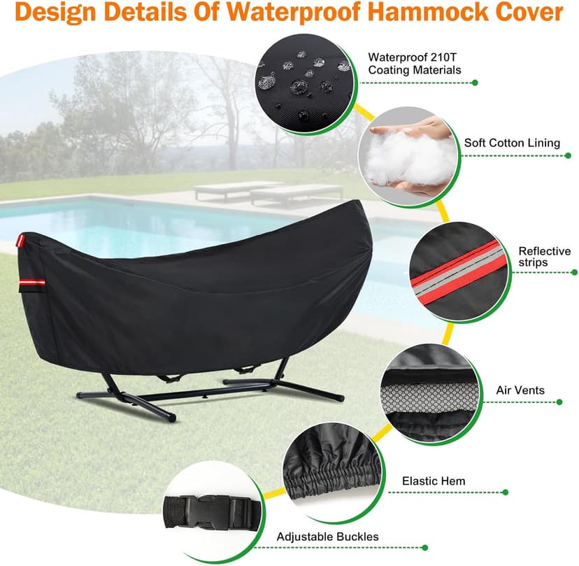 Waterproof Hammock Cover, Sun Rain UV Dust Snow Protection with Windproof Straps & Soft Cotton Lining for 55 inch Spreader Bars