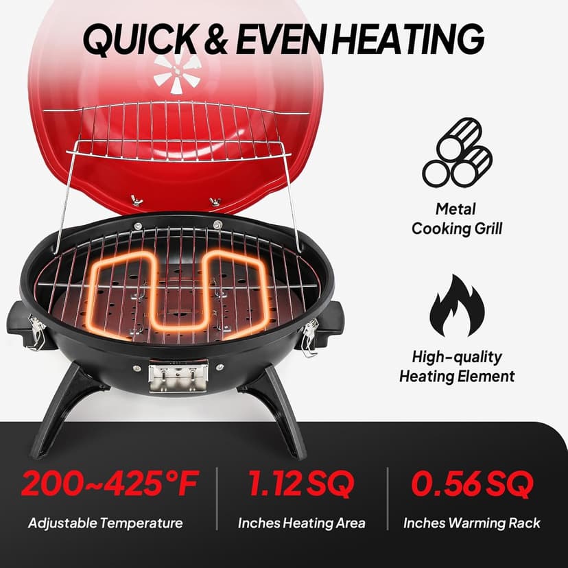ROVSUN Tabletop Electric Grill with Temperature Control, Double Layer Design, 304 stainless, Portable Removable -Perfect Small Stove for Indoor and Outdoor BBQ, 1600W, Red