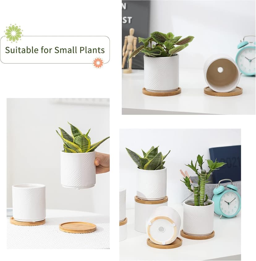 AOMRYOM 4 Inch Ceramic Plant Pots with Drainage Hole and Saucer, Modern Small Indoor Outdoor Flower Planter for Succulent, Cactus and Herbs, Geometric Patterns, White, Set of 4 (Plant Not Included)