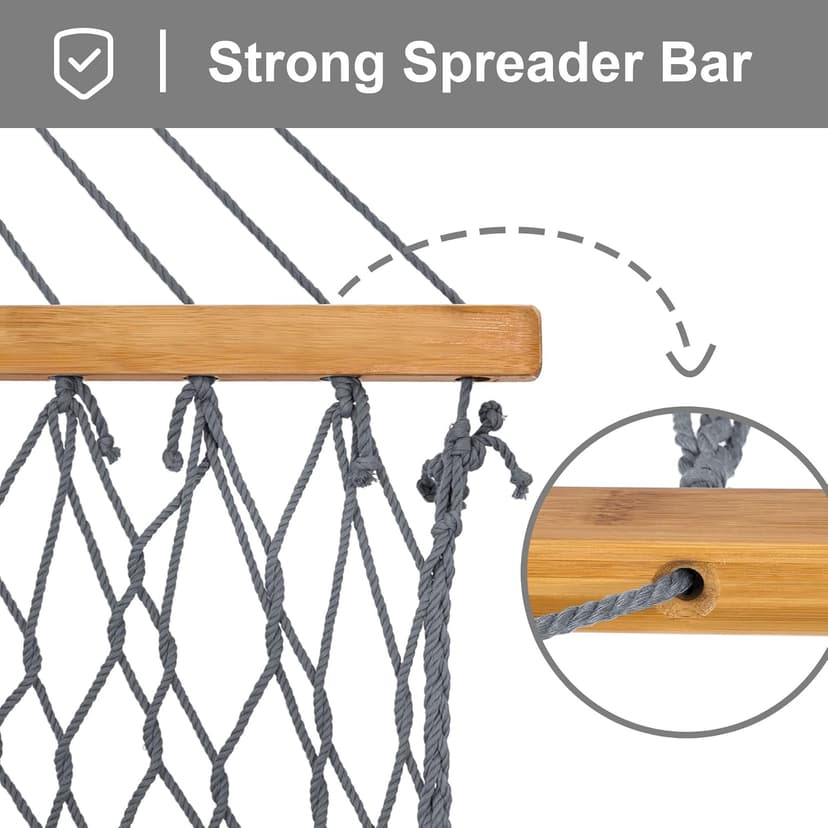 SUNCREAT Double Outdoor Hammock, Polyester Rope Hammock with Strong Spreader bar, Gray