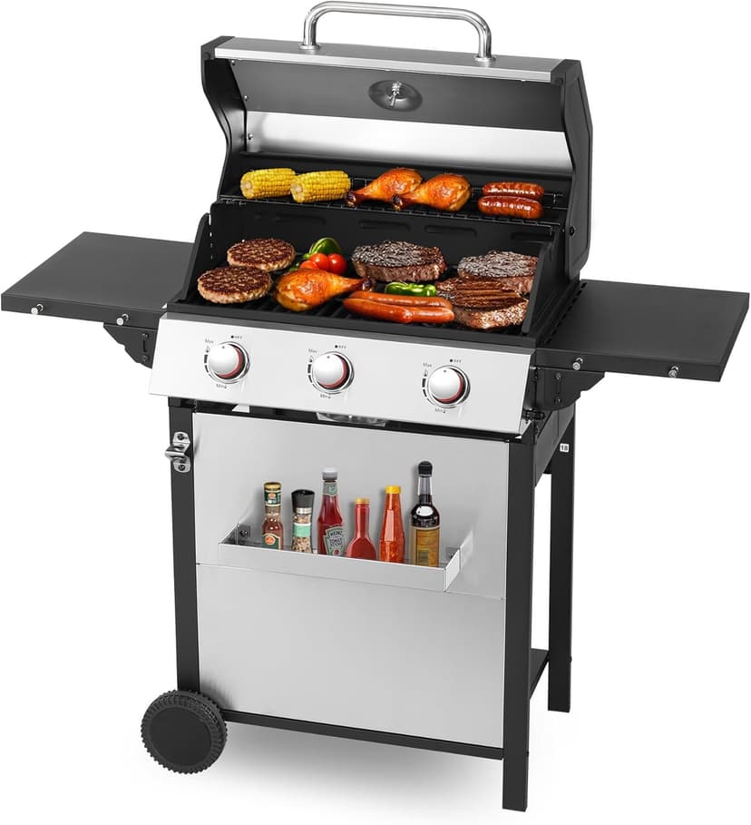 3-Burner Propane Gas Grill, Stainless Steel Cabinet with Side Table & Knob Controls, BBQ Cast Iron Grates and Thermometer for Outdoor Cooking, Patio, BBQ