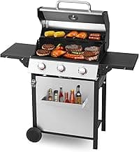 3-Burner Propane Gas Grill, Stainless Steel Cabinet with Side Table & Knob Controls, BBQ Cast Iron Grates and Thermometer for Outdoor Cooking, Patio, BBQ
