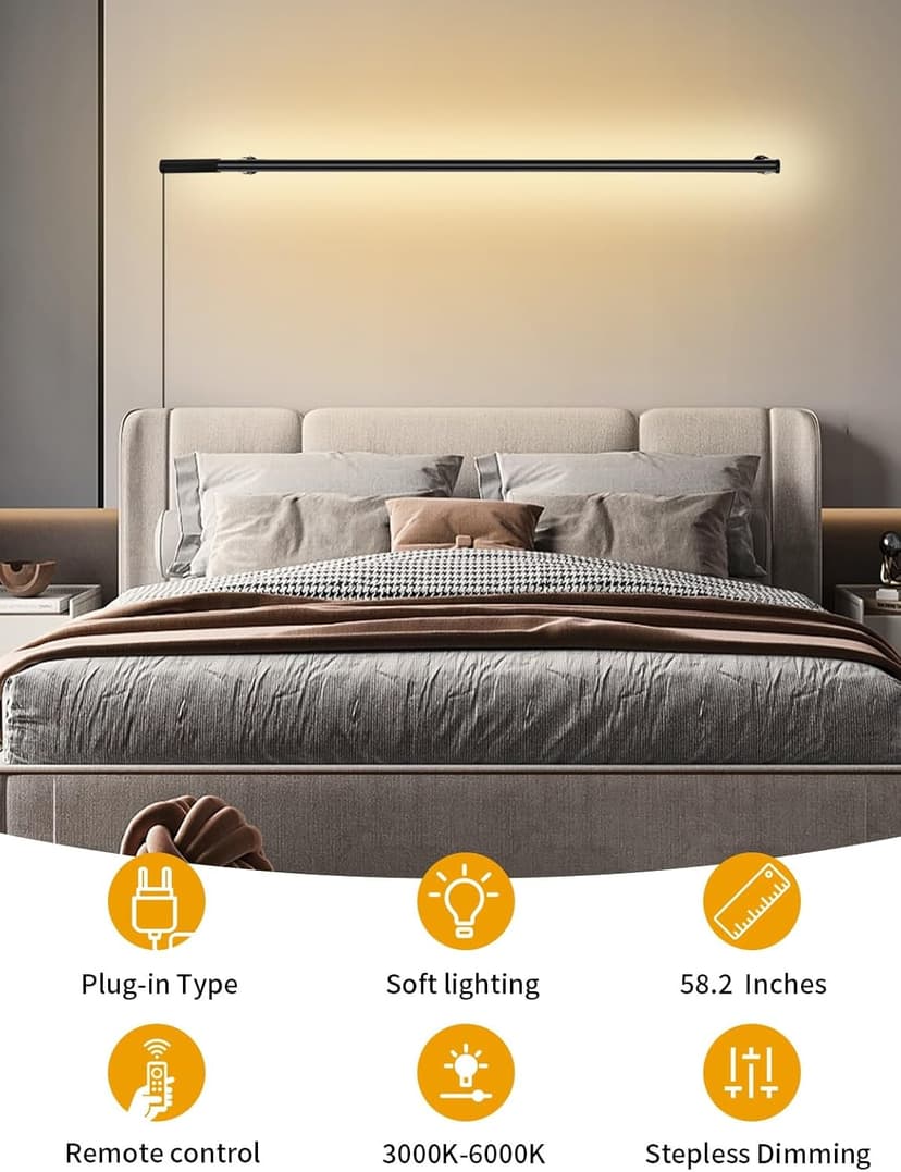 Upgrade Plug in Wall Sconces, 58.2Inch Extra-Long Corner Wall Lights for Living Room, Corner Light with Remote Control, Minimalist Slim Plug in Sconce, 12W Wall Lamps for Living Room Bedroom (1 Pack)