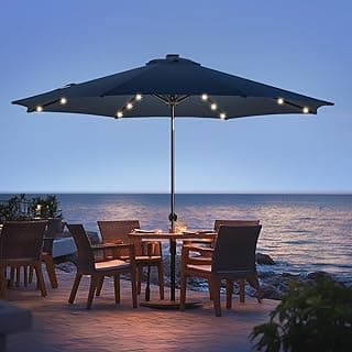 wikiwiki 11ft Solar Led Patio Umbrella, Sturdy Outdoor Market Umbrella for Deck, Pool, Garden w/Tilt, Crank, 32 LED Lights, Navy Blue