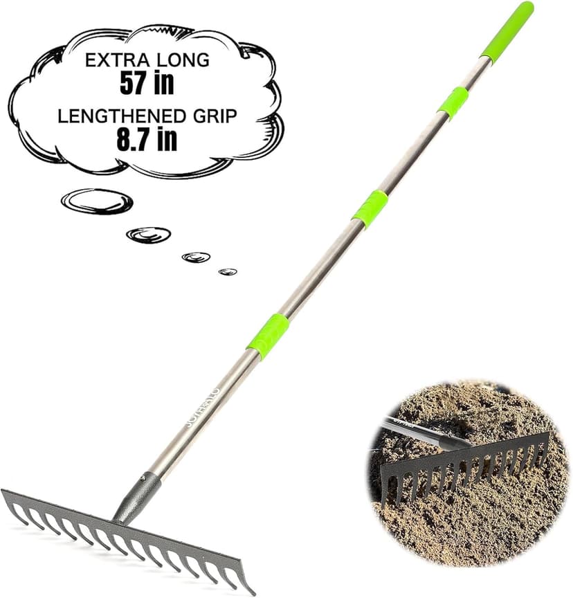Joyhalo 14-Tine Garden Rake - Adjustable Length 30.5 to 57 Inch, Metal, Levels Soil & Rocks