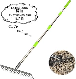 Joyhalo 14-Tine Garden Rake - Adjustable Length 30.5 to 57 Inch, Metal, Levels Soil & Rocks