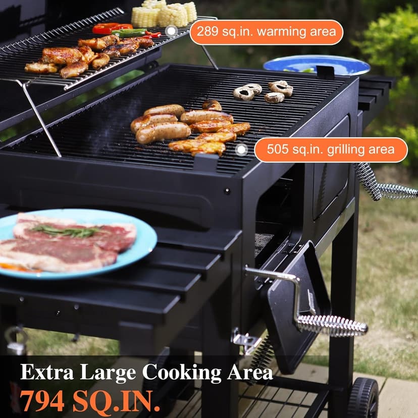 Sophia & William Extra Large Charcoal BBQ Grills with 794 SQ.IN. Cooking Area, Heavy Duty Outdoor Barbecue Grill with 2 Individual Lifting Charcoal Tray and 2 Foldable Side Table, Black