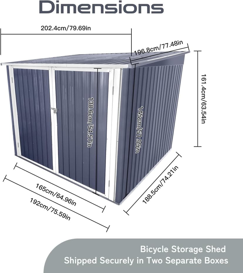 6’ x 6’ Bike Storage Shed, Bicycle Metal Shelter & Garage w/ 4 Rails and Lockable Door, Heavy Duty Bicycle Storage Shed for All Weather, Anthracite with White Trim