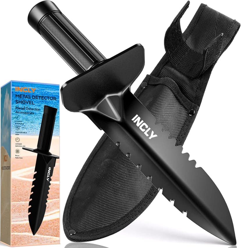 INCLY Metal Detector Shovel, Heavy Duty Double Serrated Edge Digger, Detecting Digging Tool with Sheath for Belt Mount, Gardening & Detecting Accessories for Metal Detection Digging Weeding Planting