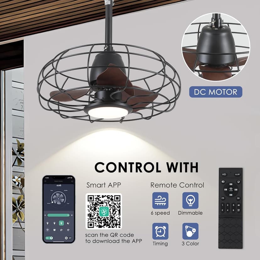 Outdoor Waterproof Ceiling Fan - 20" Caged Ceiling Fans with LED Lights, Reversible AC Motor, Low Profile Industrial Fan Light Fixture, Plug In with Hook Ceiling Fan for Outdoor Patios, Gazebo