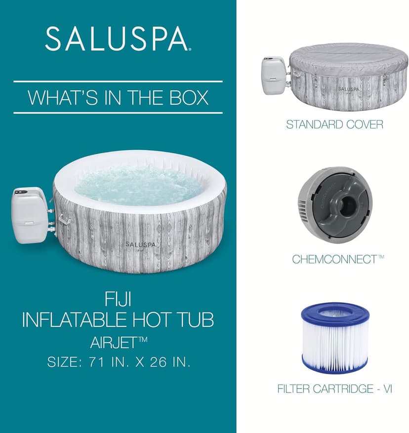Bestway 2-4 Person SaluSpa Fiji Signature AirJet Inflatable Hot Tub Spa, 71" x 26" Round Portable Spa with 120 Soothing Jets and Insulated Cover