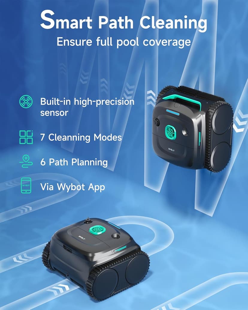 WYBOT C2 Cordless Robotic Pool Cleaner, Dual Filtration, Brushless Motor Powerful Suction, Wall Climbing and Waterline Cleaning Vacuum Lasts 180Mins in Echo Mode for Inground Pools up to 2152 Sq.ft