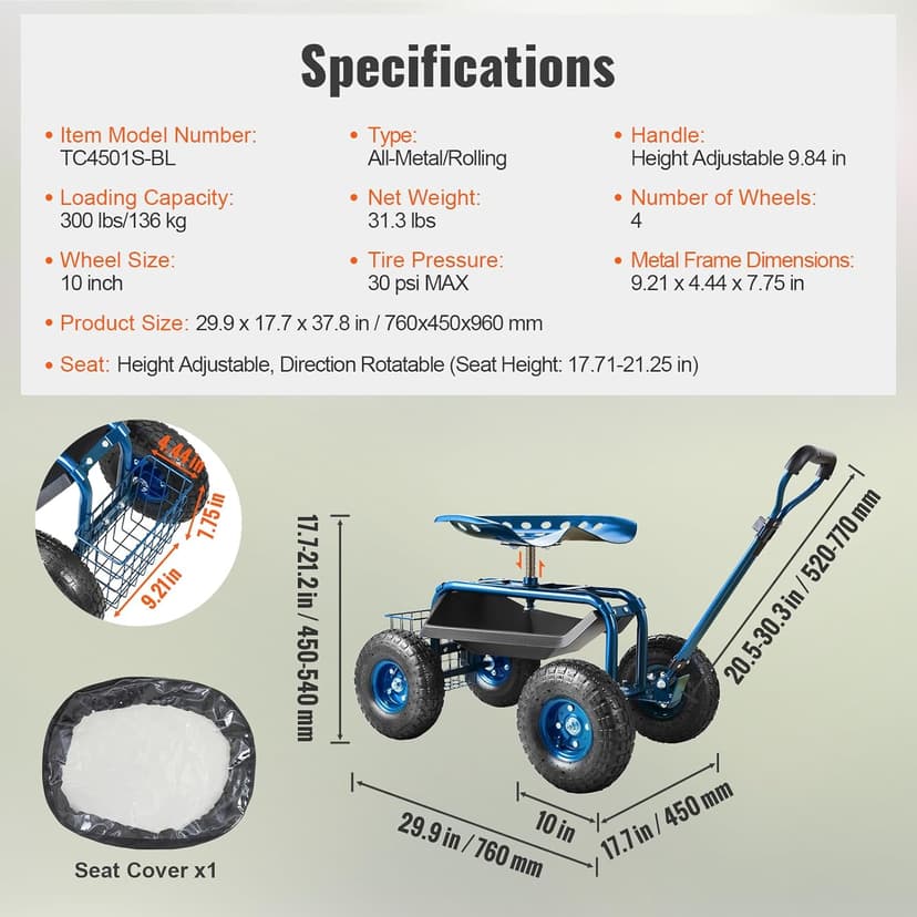 VEVOR Rolling Garden Work Seat with Wheels, Gardening Stool for Planting, 360 Degree Swivel Seat, Garden Scooter with Steering Handle & Tool Tray, Garden Chair for Outdoor, Patio and Yard, Blue