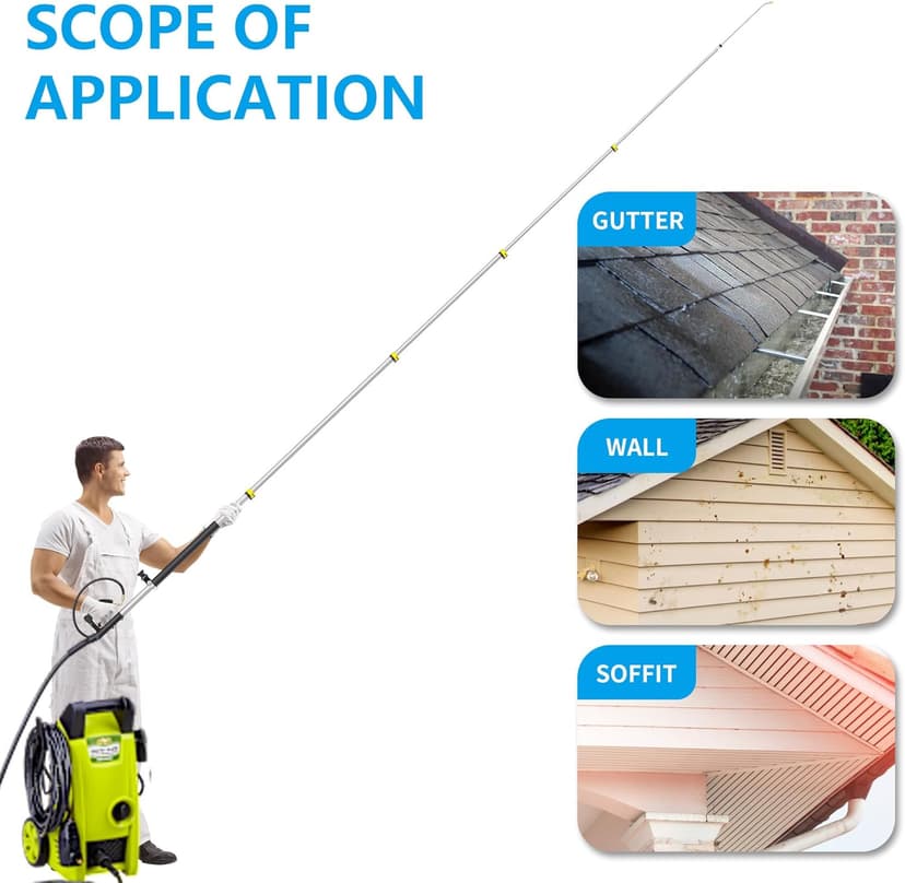 24 FT Telescoping Pressure Washer Wand Extension, Aluminum Power Washer Extension Wand with 7 Nozzle Tips, 3 Adapters & Support Harness, Gutter Cleaning Tools for 2 Story House