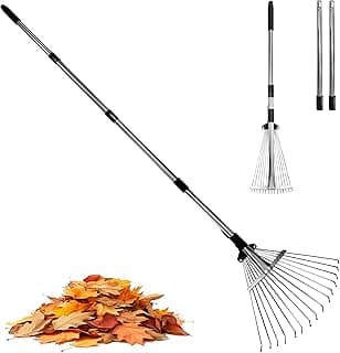 Garden Rake for Leaves,Heavy Duty Metal Adjustable Leaf Rake for Lawns,Long Handle 33"-69" with Expandable Head 8"-15",Garden Tools for Yard Lawn Shrub Garden Beds