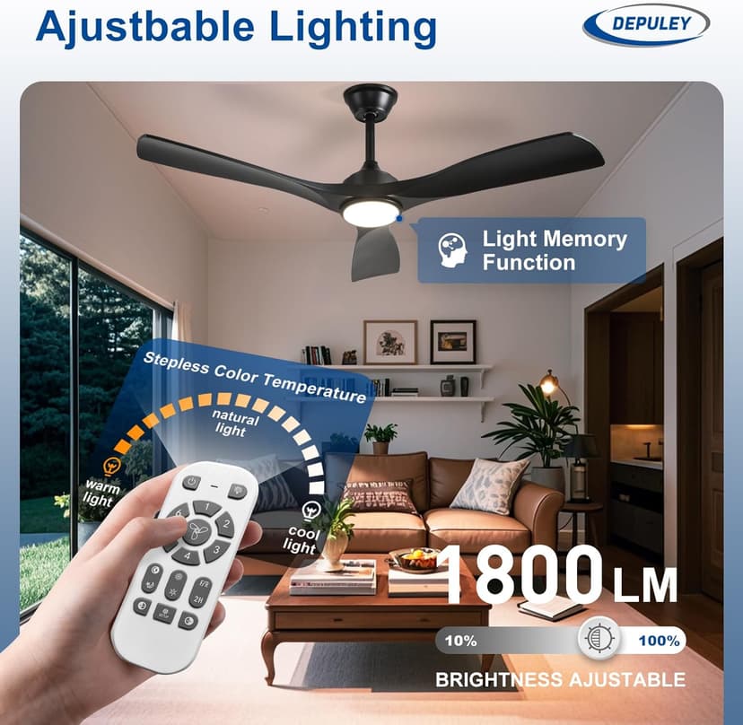 Depuley 52-Inch Ceiling Fan with Light: Black 3 Blade Outdoor Fans for Patios - Dimmable Indoor Fan with Remote APP Control Ultra Quiet DC Motor Reversible 6 Speed Timer