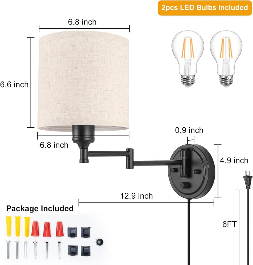 ENCOMLI Dimmable Plug in Wall Sconces, Swing Arm Wall Lamp, Wall Sconces Set of Two, Plug in Wall Light, Sconces Wall Decor Set of 2, Linen Fabric Shade, 2pcs Bulbs Included
